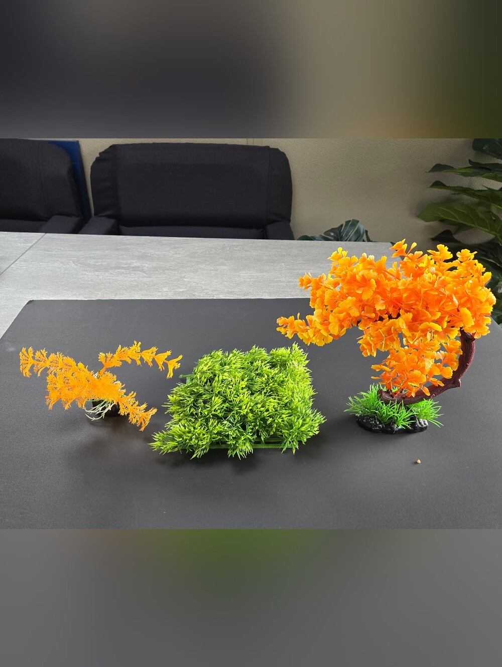 Penn Plax Orange Artificial Glow Plants And A Green Grass Mat - 3 Pieces